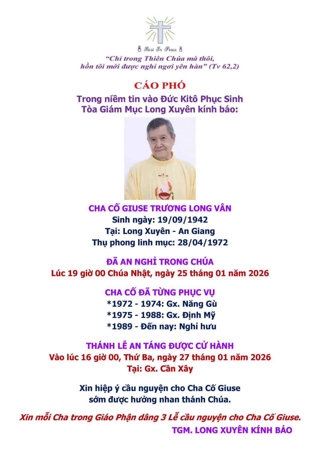 Xin cầu nguyện cho Lm. Giuse Trương Long Vân GP. Long Xuyên mới qua đởi  25-01-2026