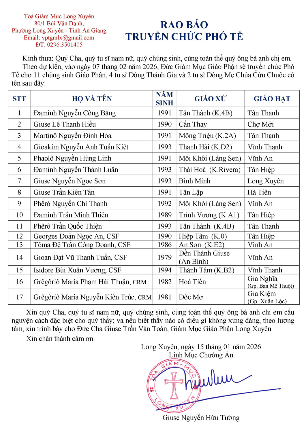 Rao báo truyền chức Phó Tế 07-02-2026  GP. Long Xuyên