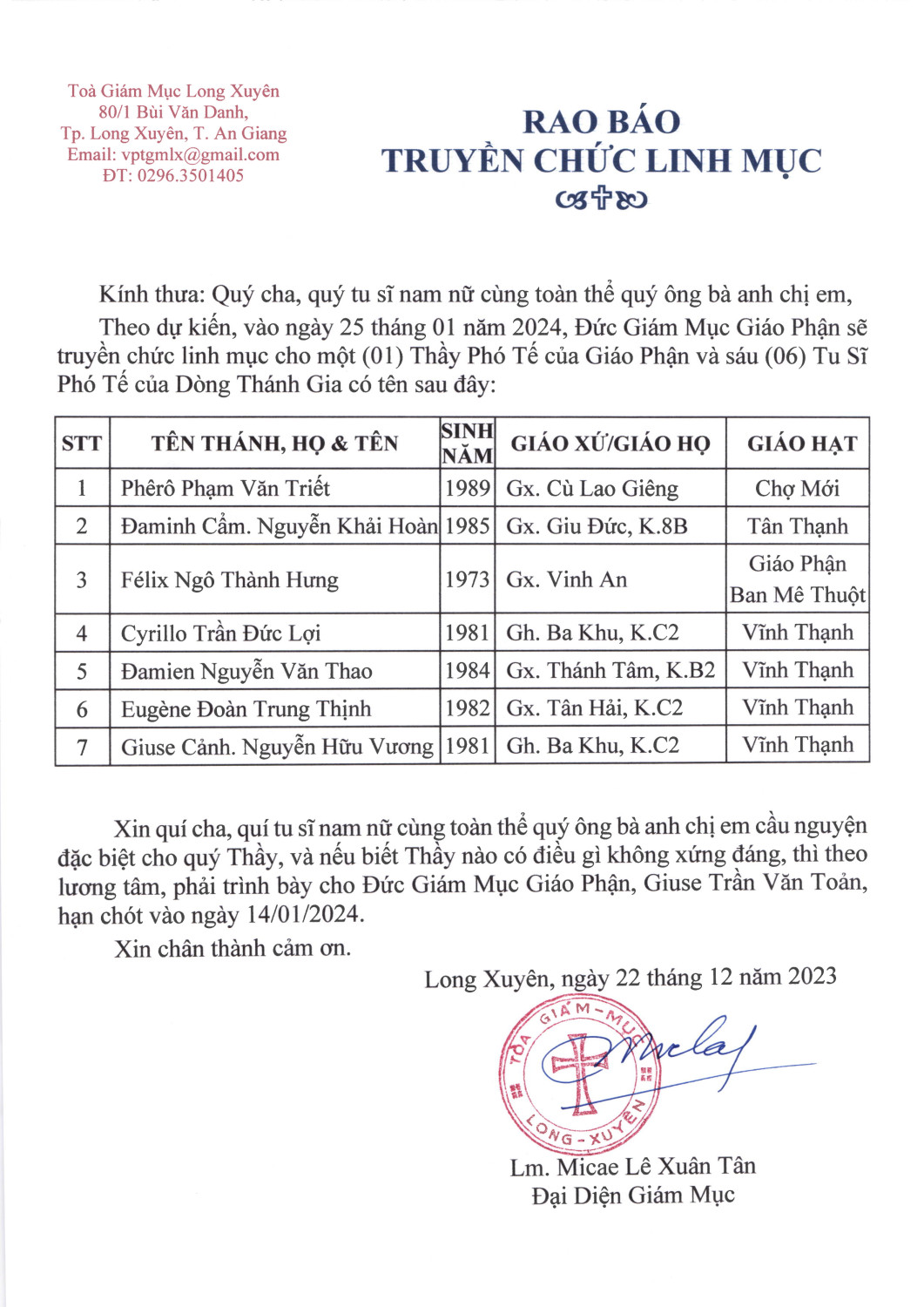 RAO BÁO TRUYỀN CHỨC LINH MỤC Gp. Long Xuyên 25/1/2024