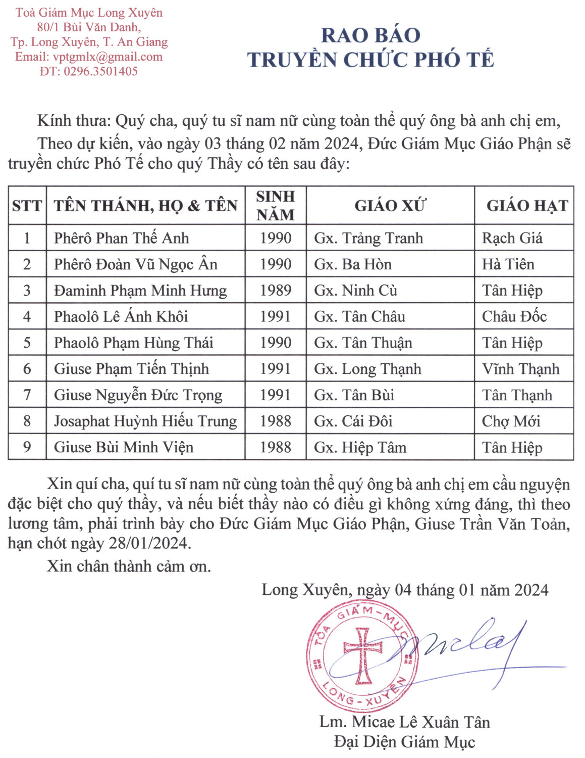 Rao báo Truyền chức Phó tế 03/02/2024 - GP. Long Xuyên