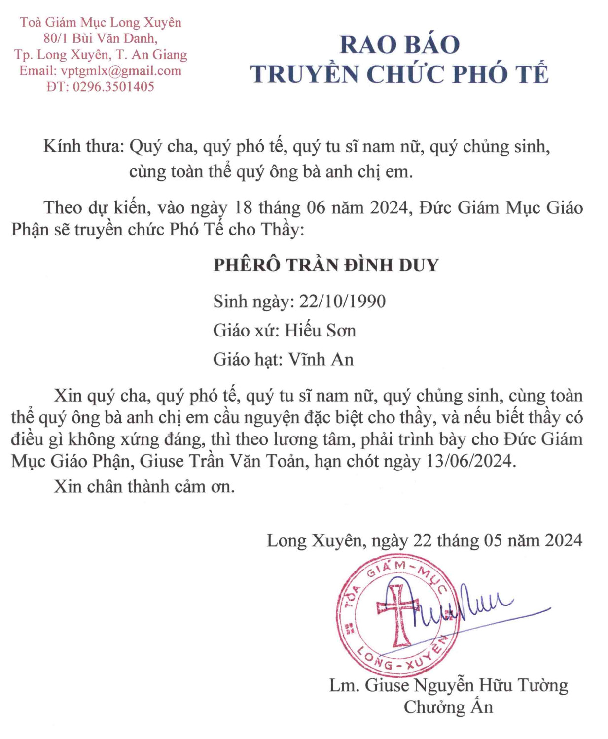 RAO BÁO TRUYỀN CHỨC PHÓ TẾ - GP. Long Xuyên- 18-06-2024