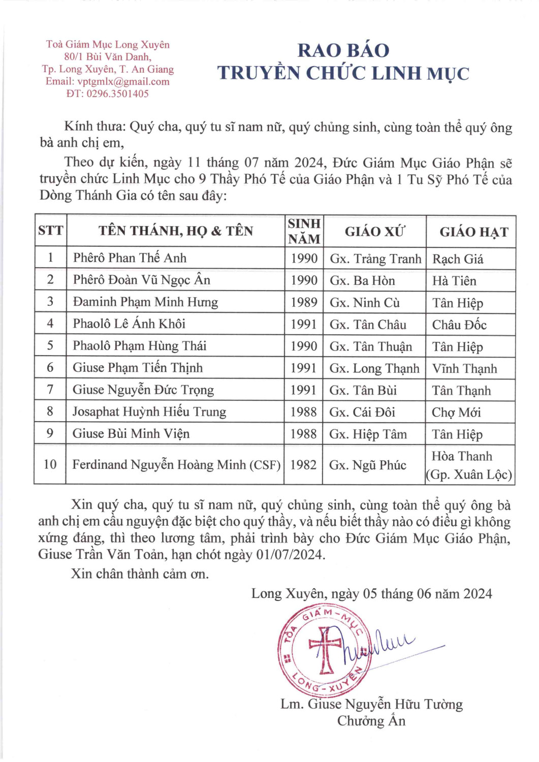 RAO BÁO TRUYỀN CHỨC LINH MỤC Giáo Phận Long Xuyên 11-7-2024