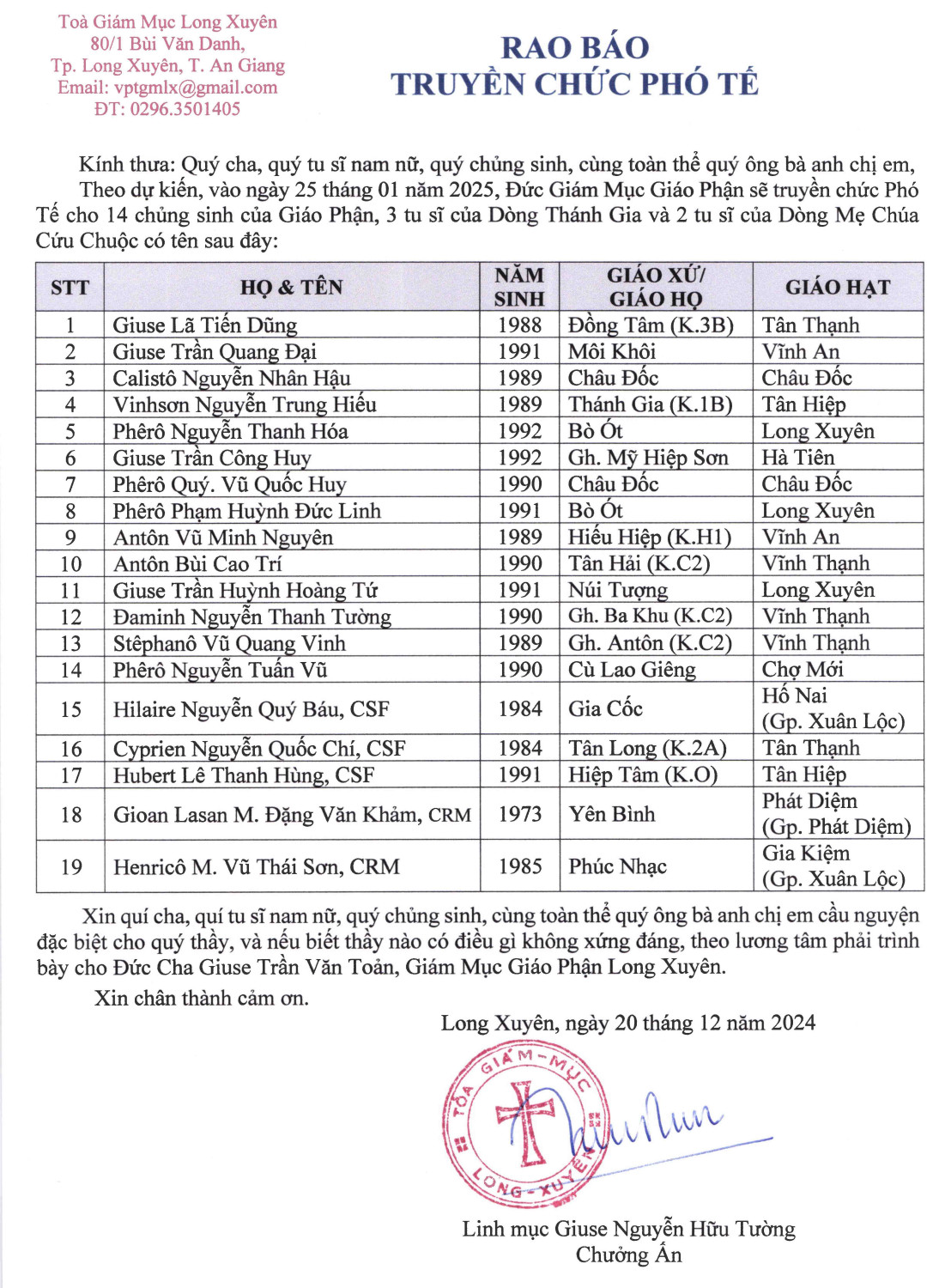 Rao Báo Truyền Chức Phó Tế - GP. Long Xuyên 25/1/2025