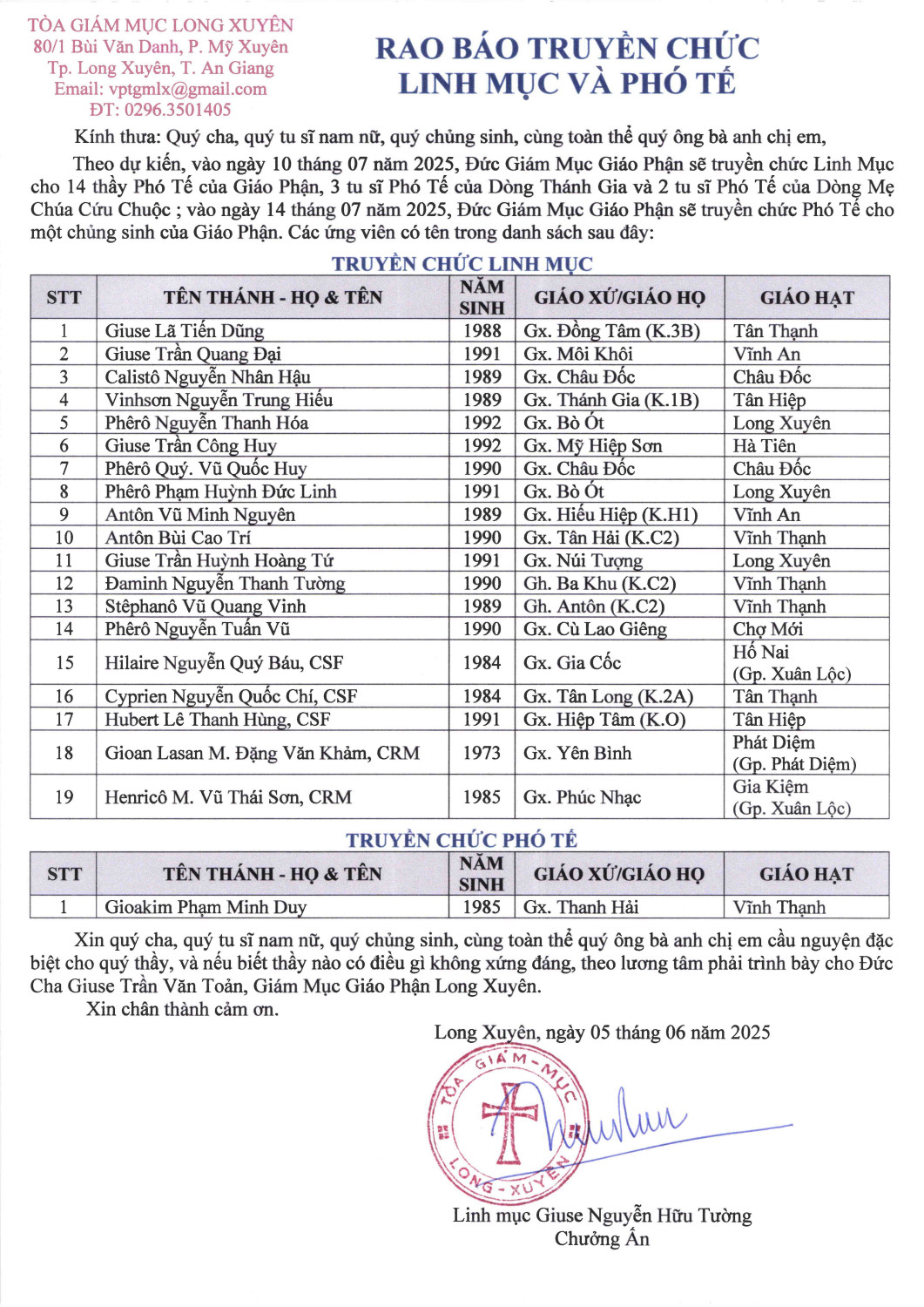 RAO BAO TRUYEN CHUC LINH MUC VA PHO TE 10-7-2025 GP. Long Xuyên