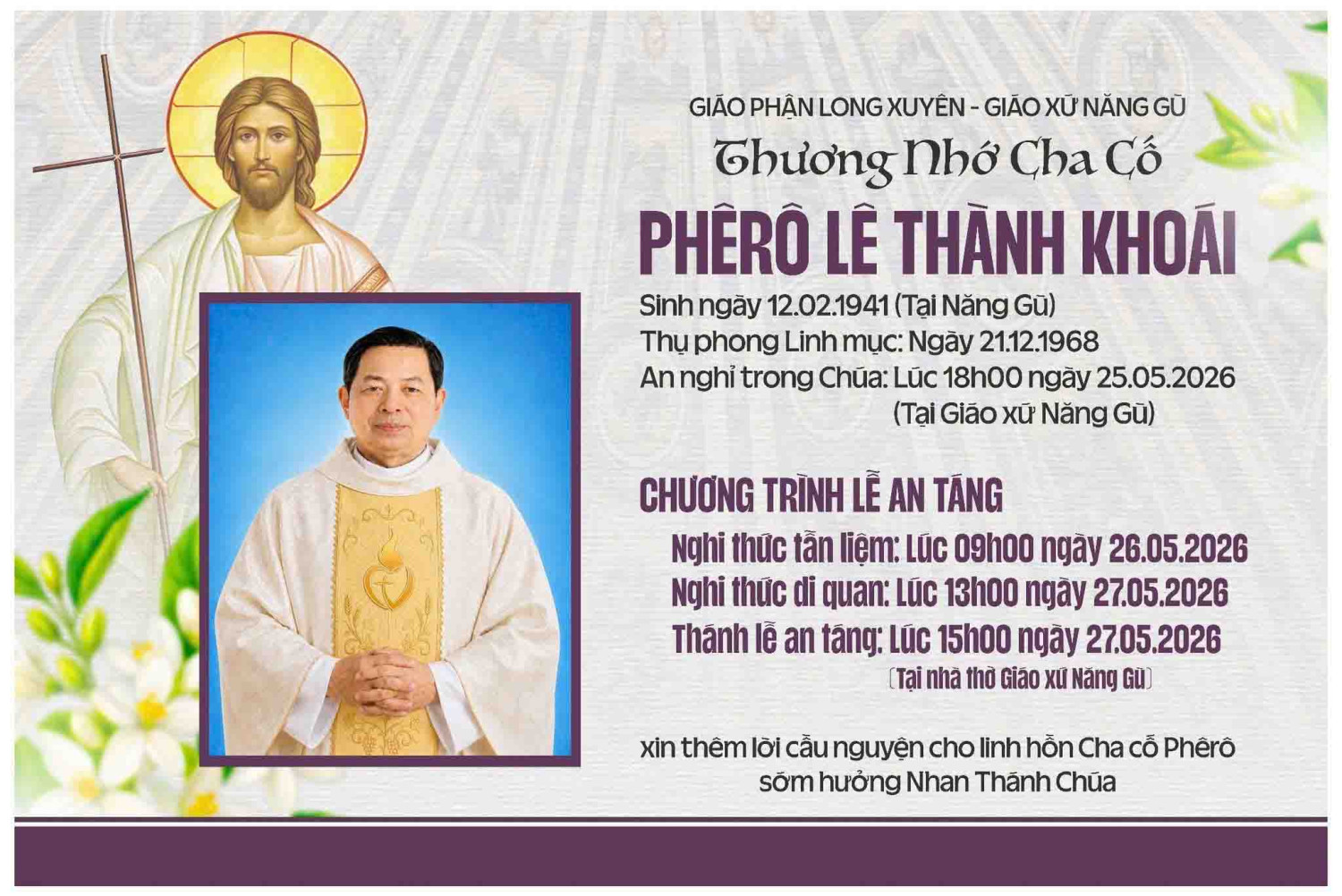Xin cầu nguyện cho Cha Phêrô Lê Thánh Khoái GP. Long Xuyên mới qua đời 25/05/2026